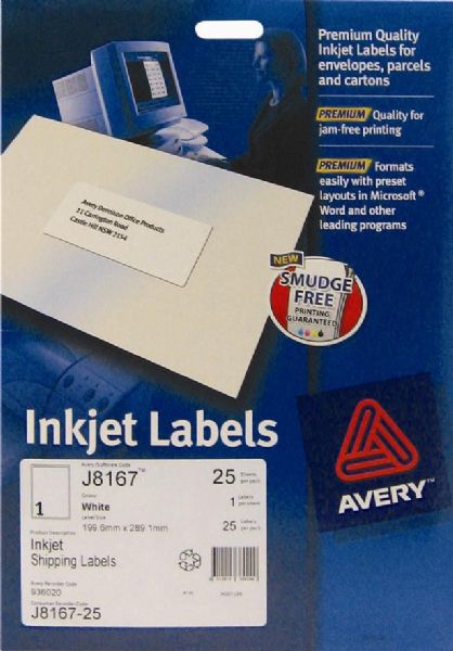 avery inkjet label j8167 25pcs 199.6x289.1mm imags