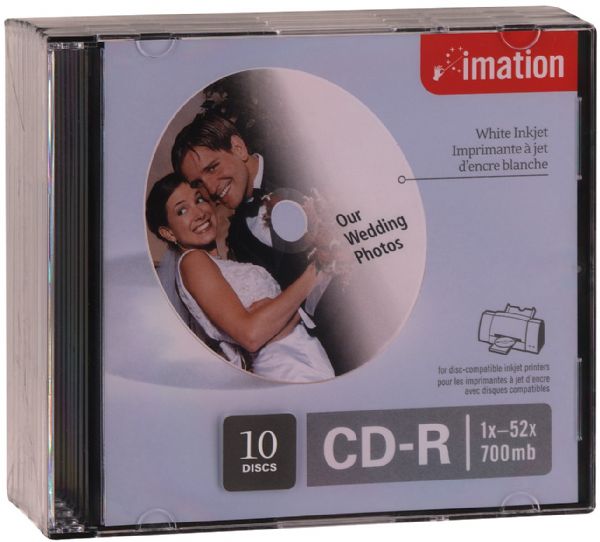 imation cd-r 52 x 700mb/80min 10pk inkjet printable slim case imags