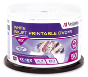 verbatim dvd+r 50pk spindle inkjet printable white 4.7gb 16x imags