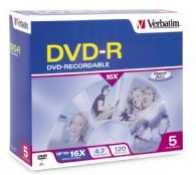 verbatim dvd-r 5pk jewel case 4.7gb 16x in jewel case w/adv azo imags